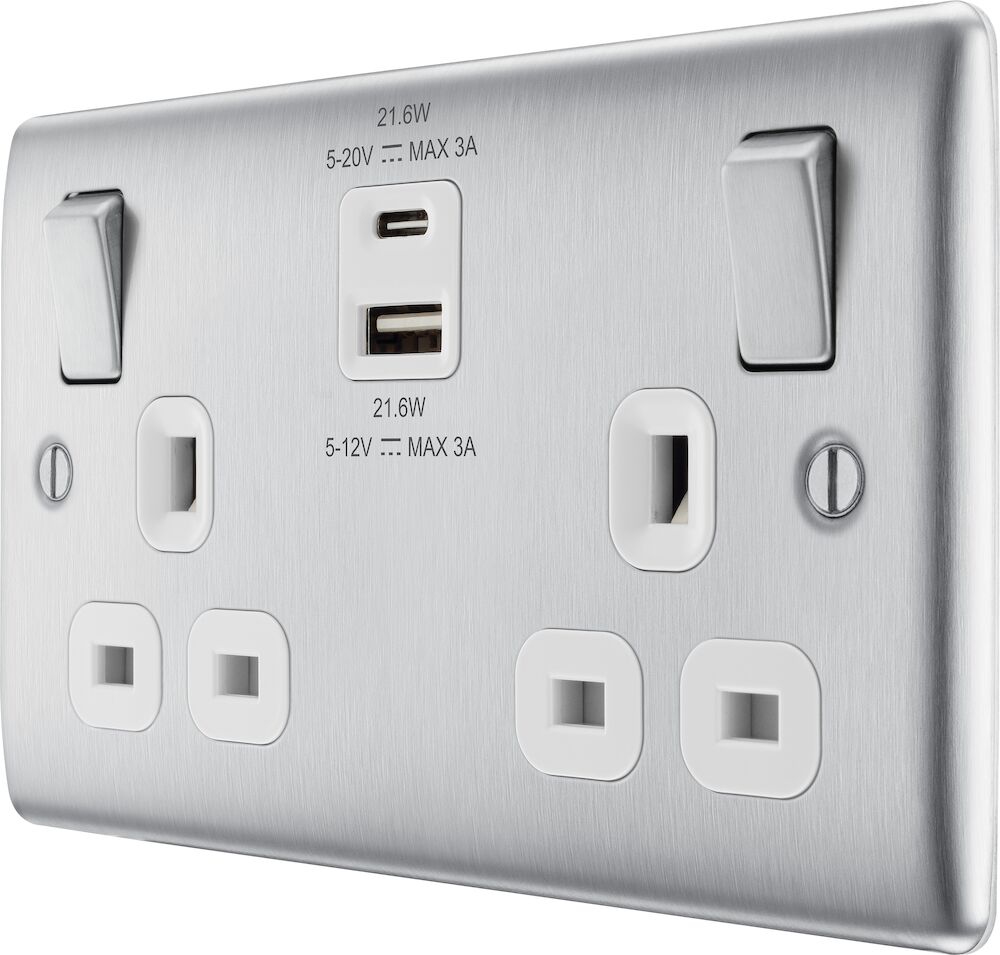 BG Nexus 2G Socket + USB A&C 22W Brushed Steel